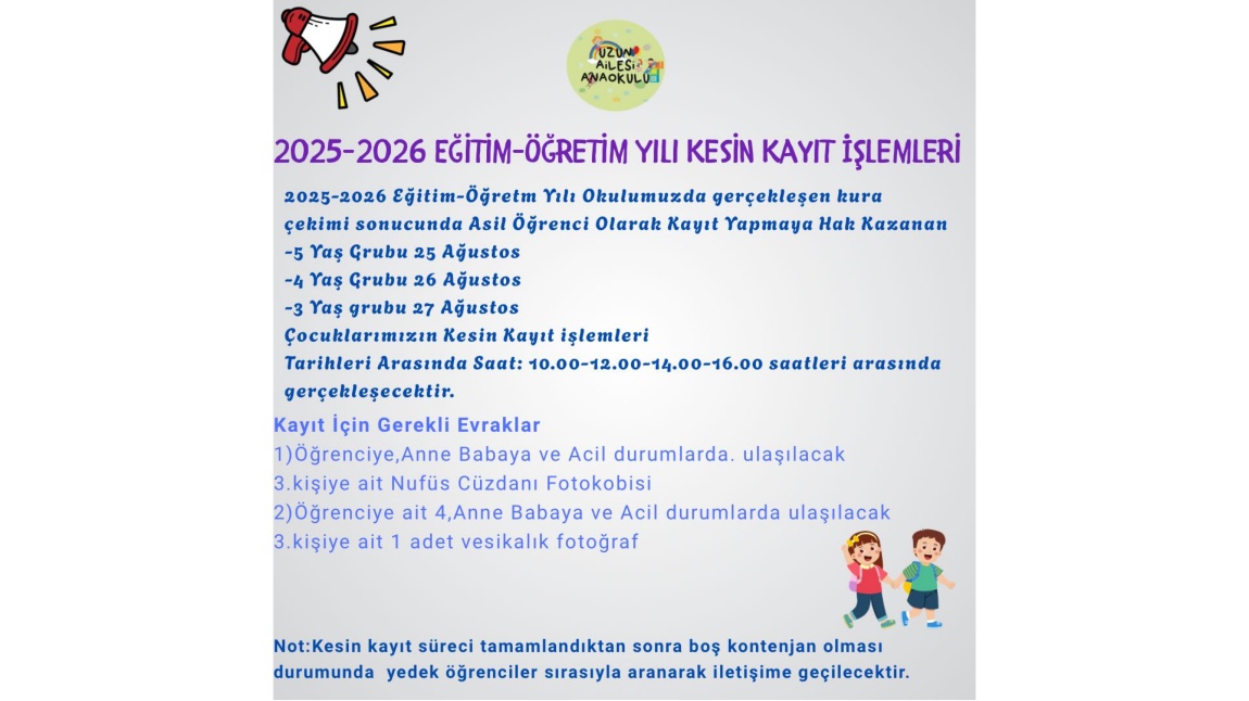 2025-2026 EĞİTİM ÖĞRETİM YILI KESİN KAYIT TARİHLERİ